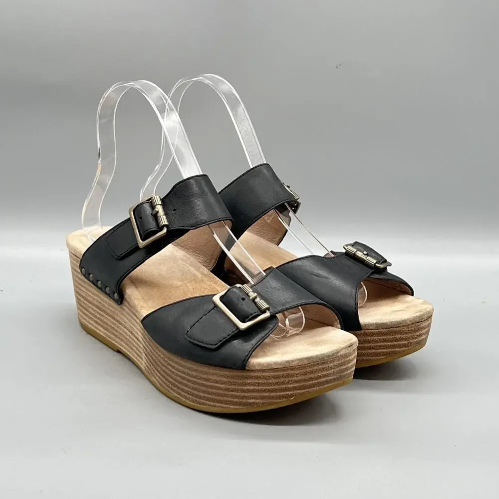 Dansko Sandals Womens 8.5 Black Leather Slingback Buckle Platform Wedge Shoes